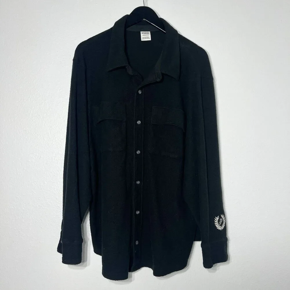 Victorias Secret Pink Shirt Womens XL Black Fleece Button Up Shacket Logo Lounge - Picture 2 of 9